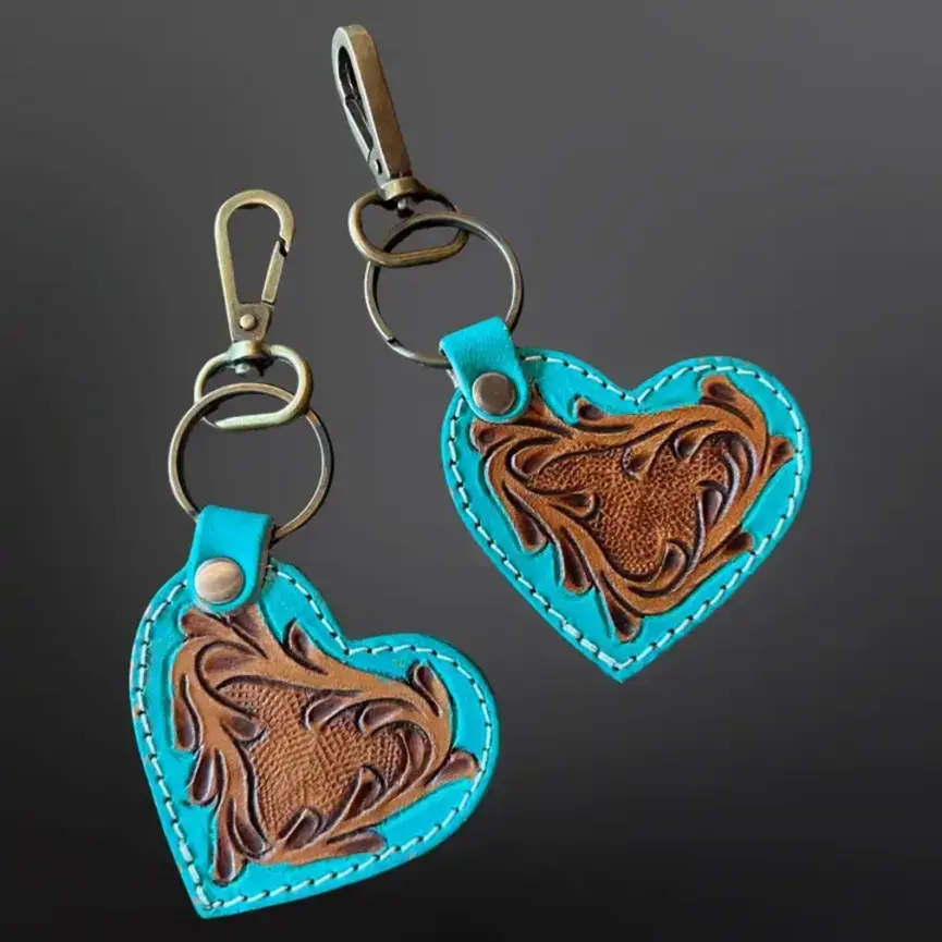 Turquoise Tooled Leather Heart Western Keychain