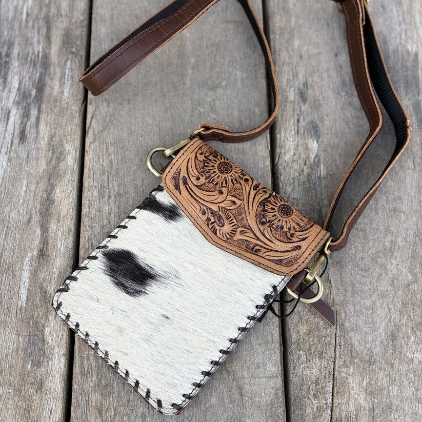 Western Cell Phone Crossbody Purse Cowhide Tooled Leather
