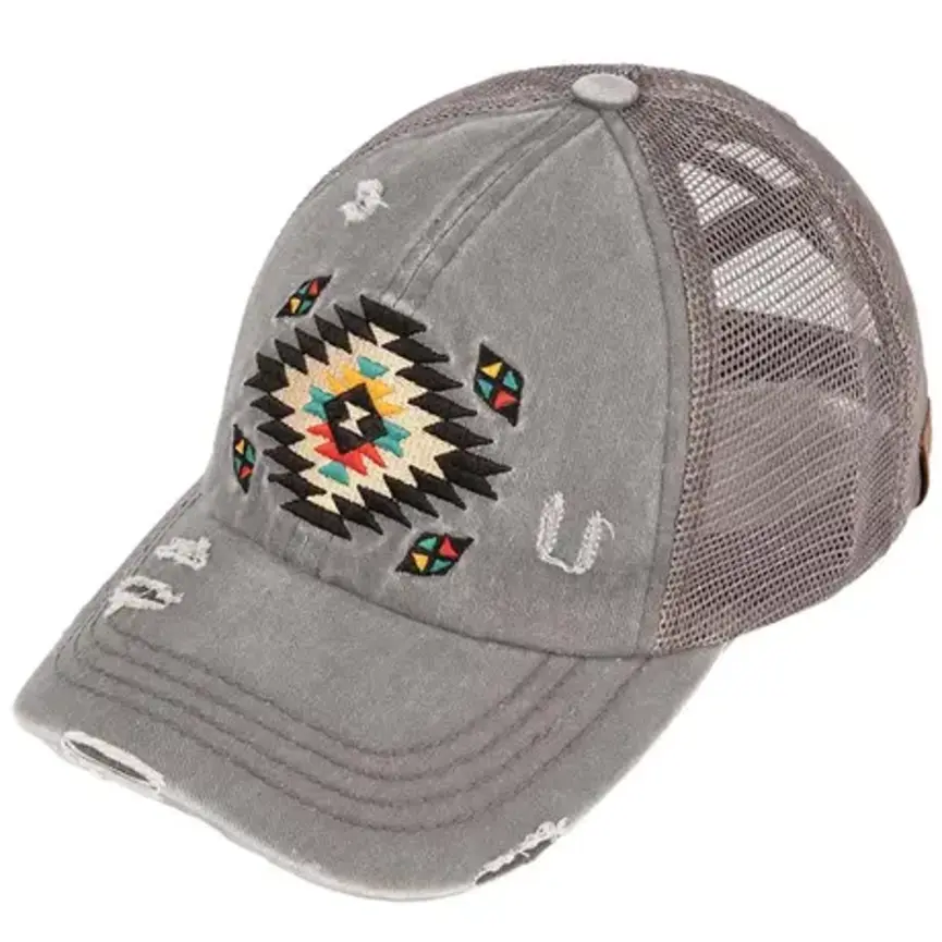C.C Aztec Patch Distressed Criss-Cross Pony Cap