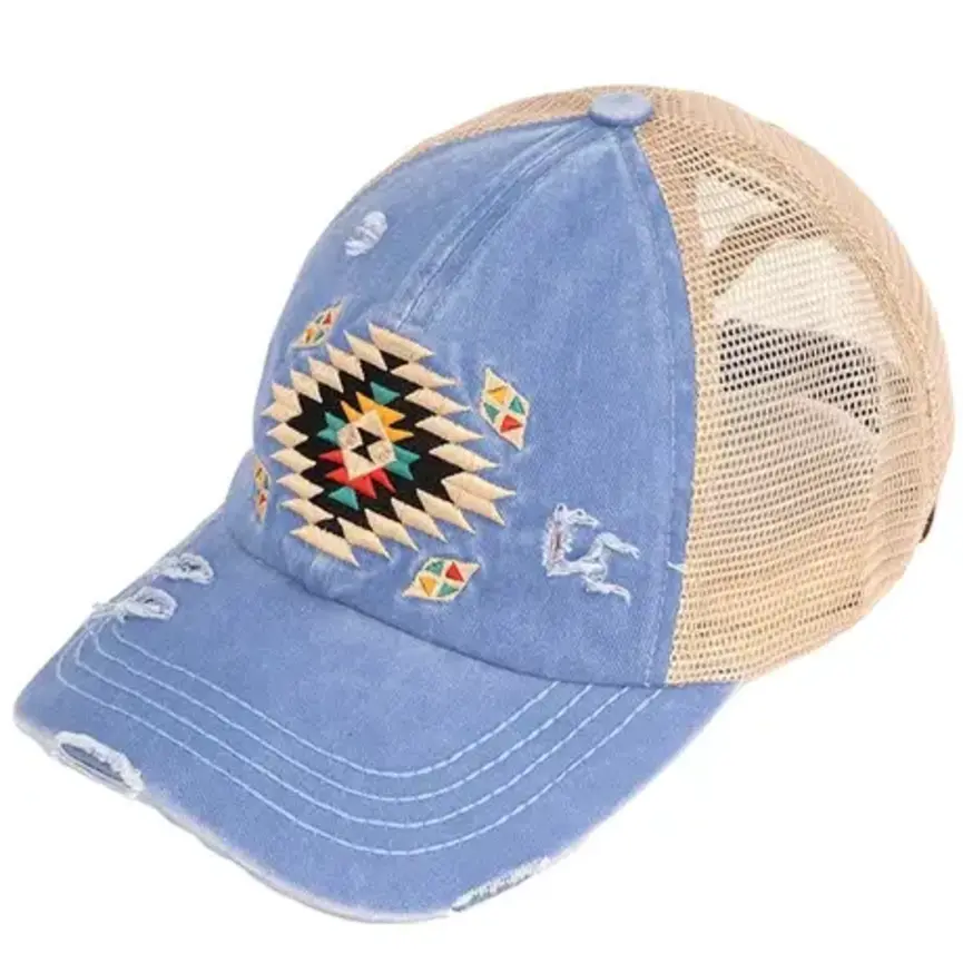 C.C Aztec Patch Distressed Criss-Cross Pony Cap
