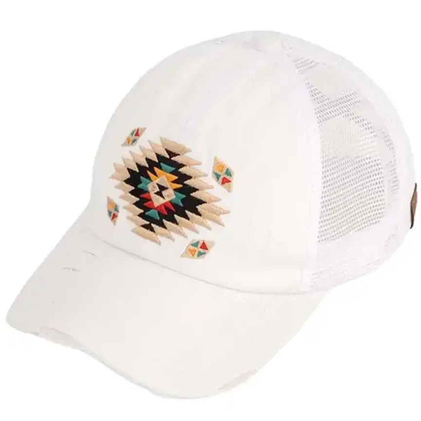 C.C Aztec Patch Distressed Criss-Cross Pony Cap