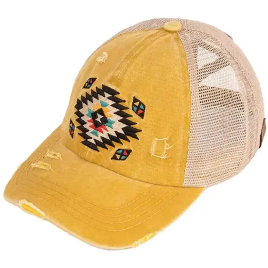 C.C Aztec Patch Distressed Criss-Cross Pony Cap