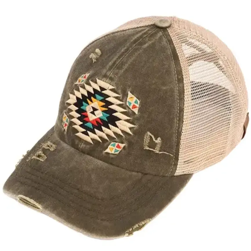 C.C Aztec Patch Distressed Criss-Cross Pony Cap