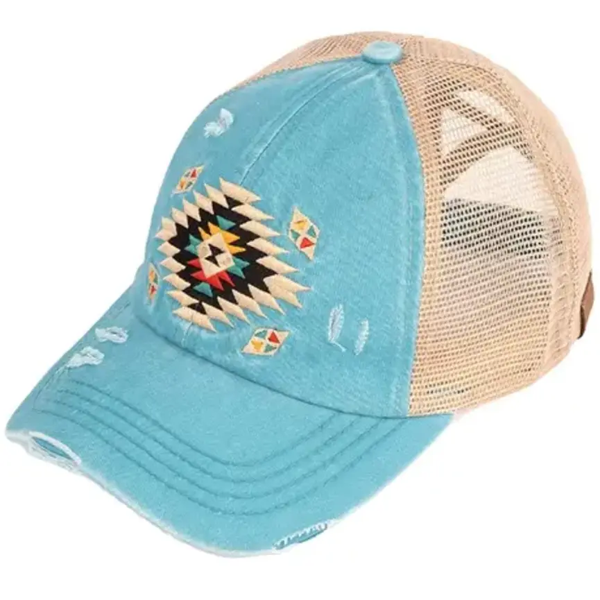 C.C Aztec Patch Distressed Criss-Cross Pony Cap