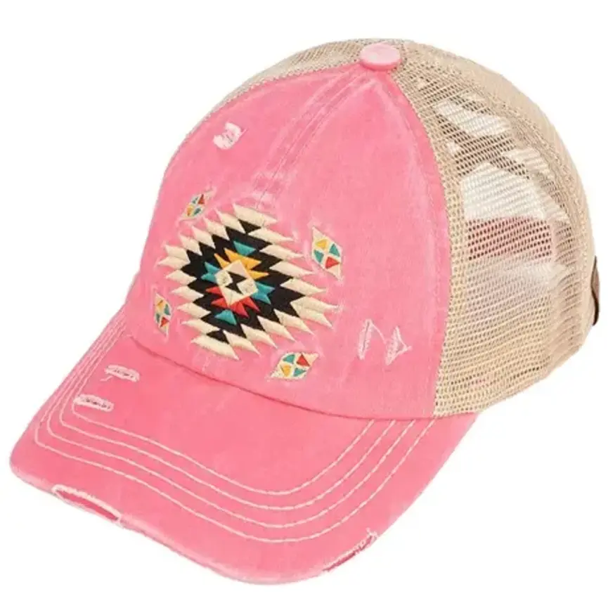 C.C Aztec Patch Distressed Criss-Cross Pony Cap