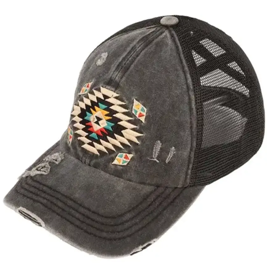 C.C Aztec Patch Distressed Criss-Cross Pony Cap