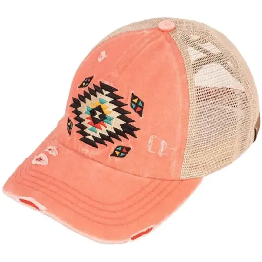 C.C Aztec Patch Distressed Criss-Cross Pony Cap