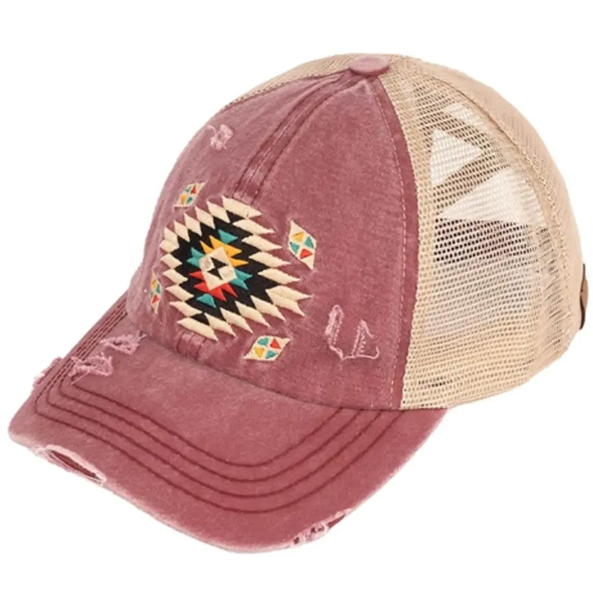 C.C Aztec Patch Distressed Criss-Cross Pony Cap
