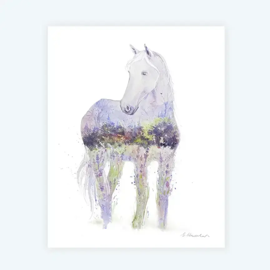 Lavender Dream - White Horse Watercolor Art Card