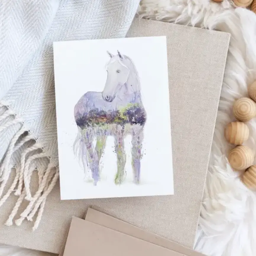 Lavender Dream - White Horse Watercolor Art Card