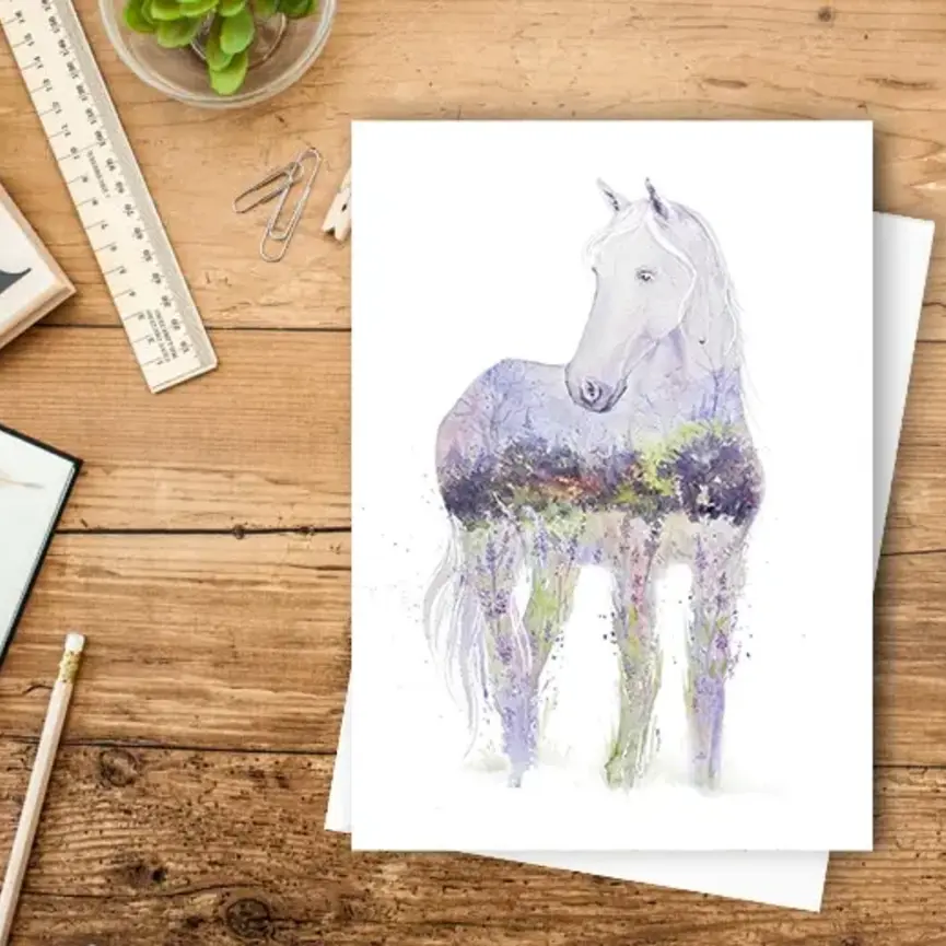 Lavender Dream - White Horse Watercolor Art Card