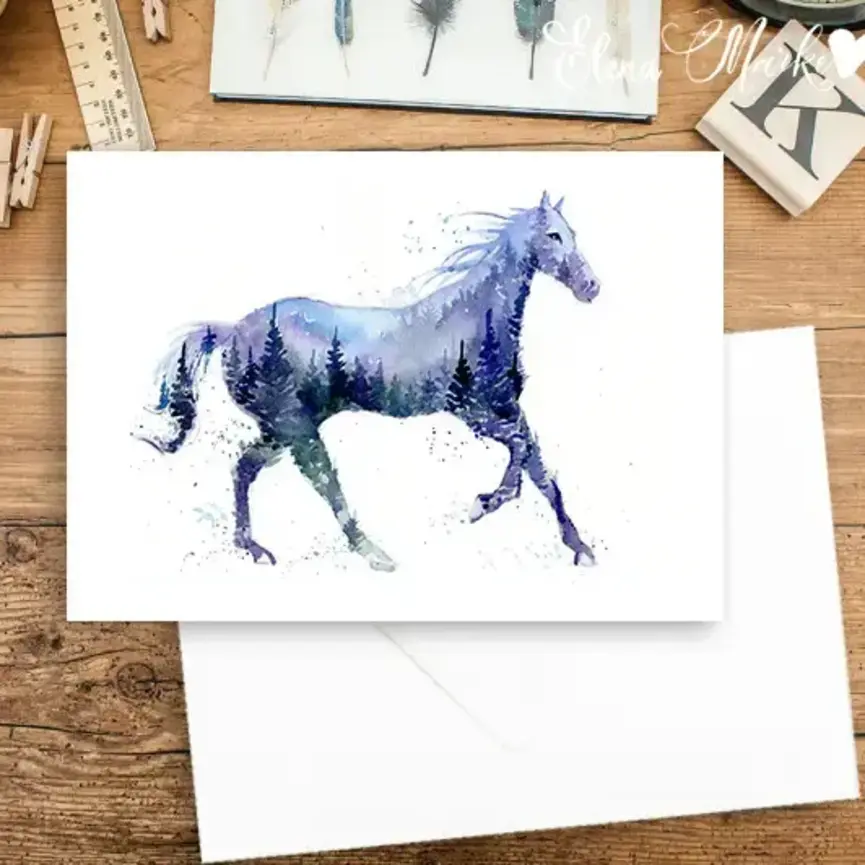 Night Stallion Horse Watercolor Art Card
