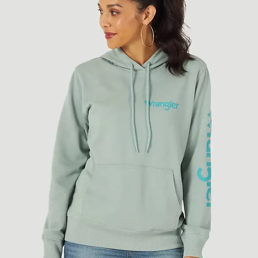 WOMENS RETRO LOGO ARM PULLOVER HOODIE IN BLUE SURF