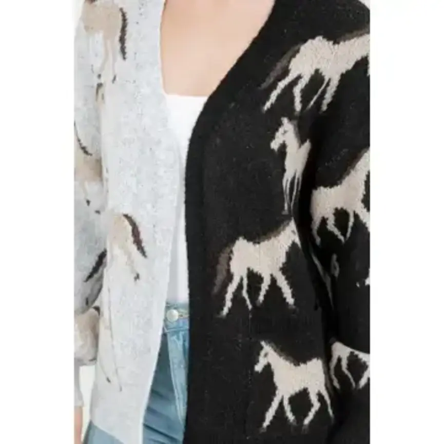 Asymmetric Open Cardigan with Horse Pattern