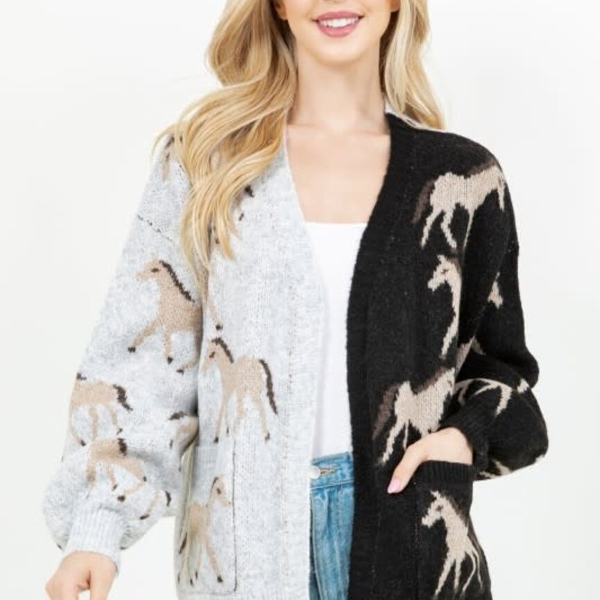 Asymmetric Open Cardigan with Horse Pattern