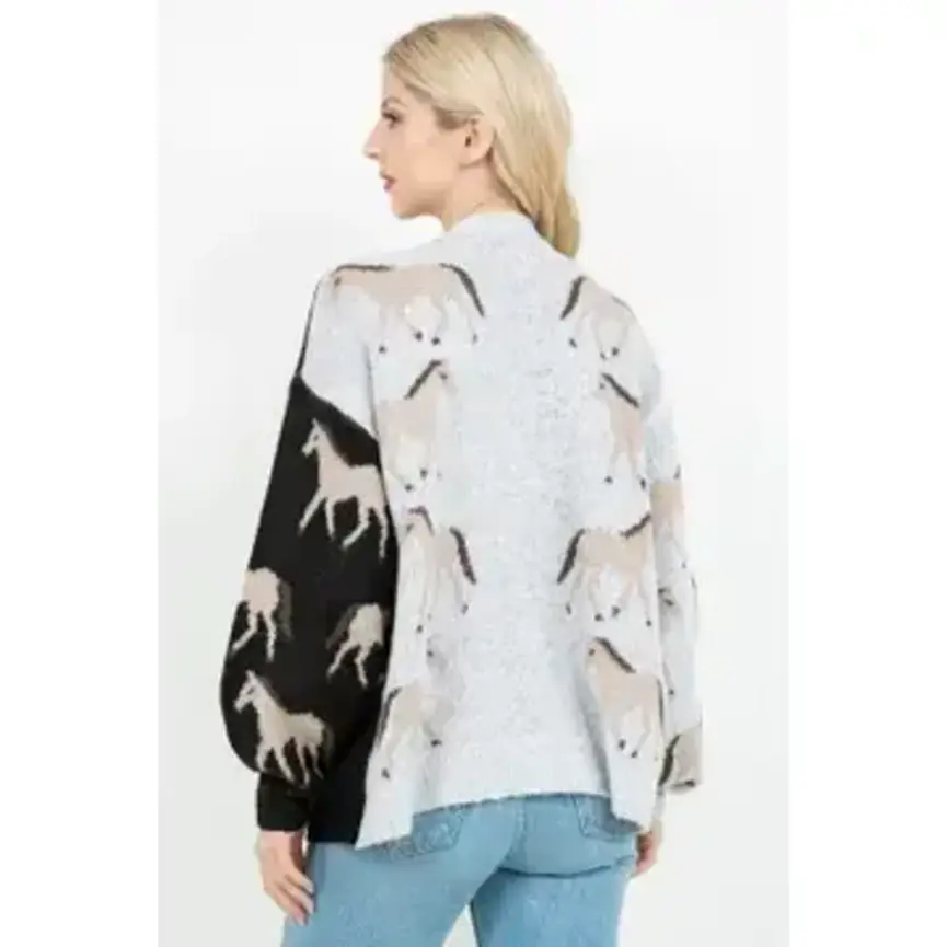 Asymmetric Open Cardigan with Horse Pattern