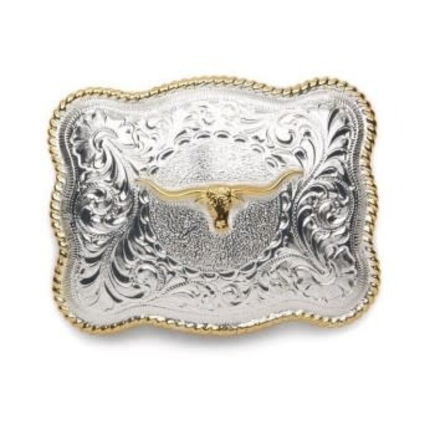 LONGHORN SILVER with GOLD TONED ROPE BORDER BUCKLE