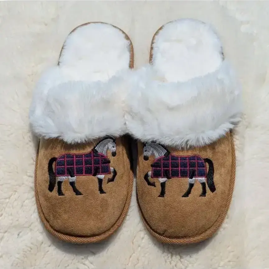 Grey Horse Faux Fur Suede Slippers