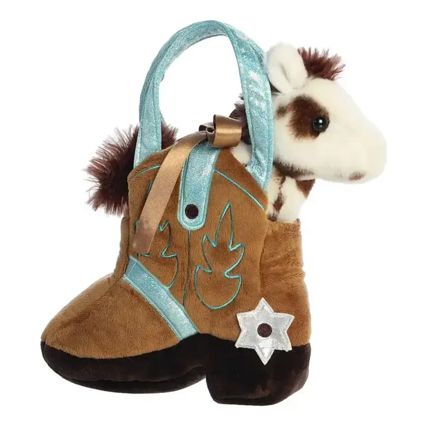 7" Plush Gray Spotted Horse in Brown Giddyup Boot Purse Carrier