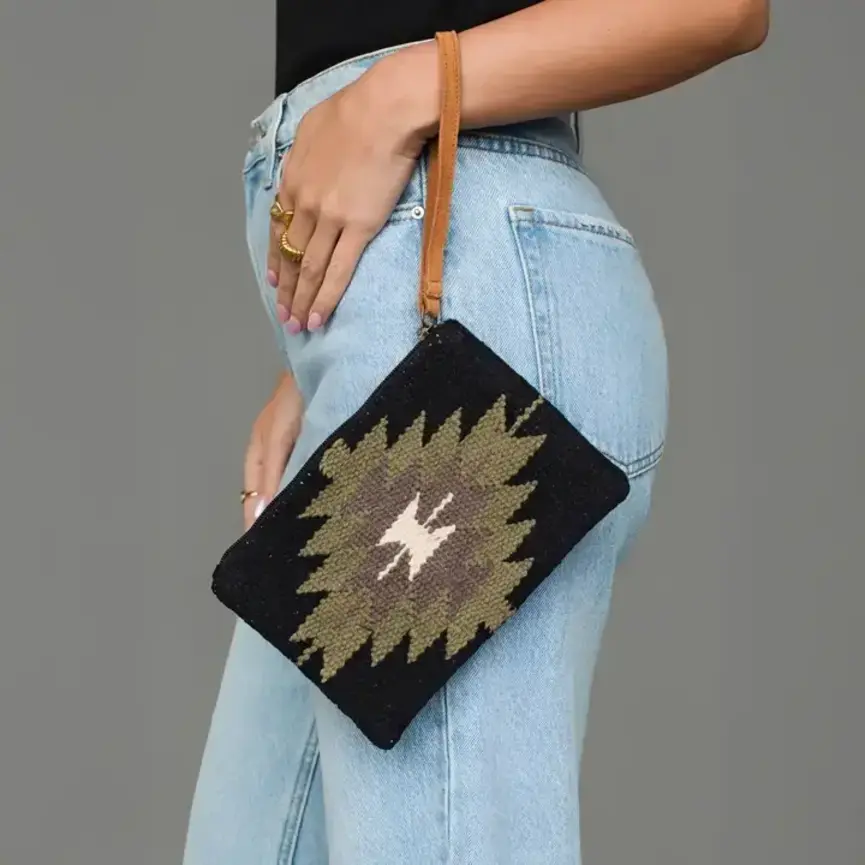 Black, Olive, Gray & Cream Western Wristlet