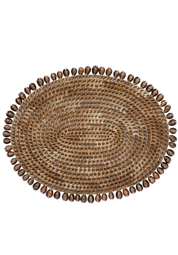  BLUE PHEASANT Bondi Round Placemat Natural Cowrie Shell/Brown Pandan Leaf Oval 