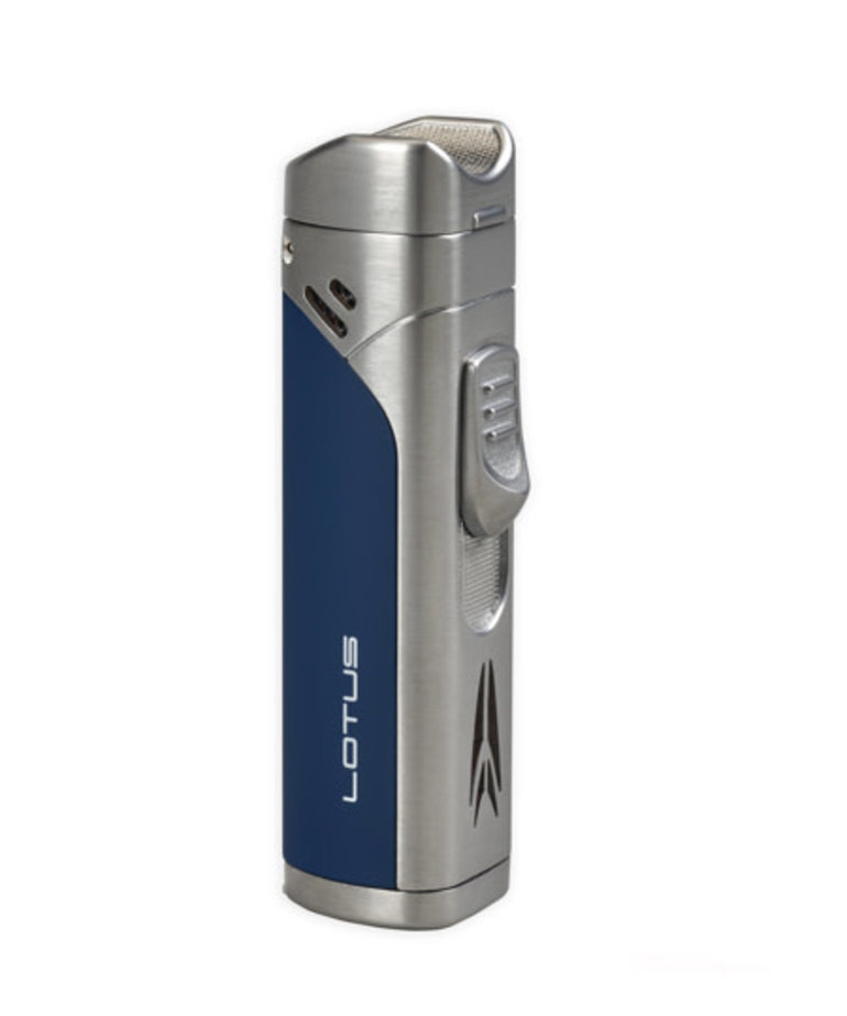 Lotus Monarch Quad Flame Torch lighter w/ Cigar Rest & Punch - Chrome & Blue