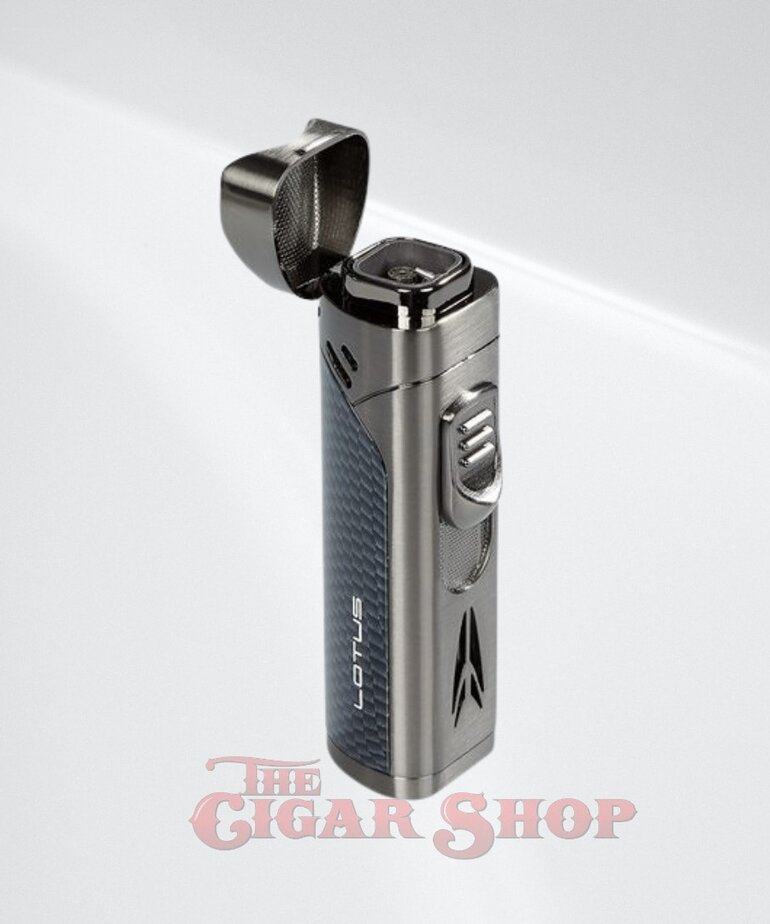 Lotus Monarch Quad Flame Torch lighter w/ Cigar Rest & Punch - Chrome & Black
