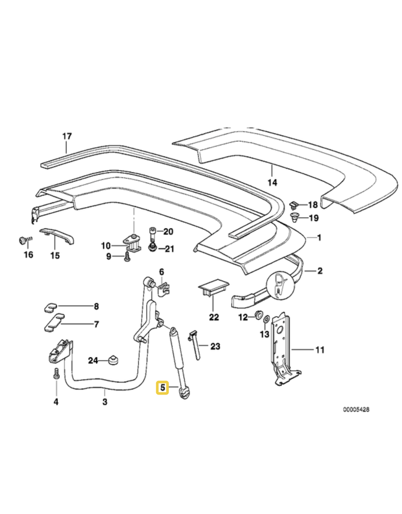 Gas spring for convertible BMW E-36