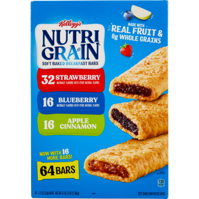 Kellogg's Nutri-Grain Breakfast Bars Variety Pack, 1.3 oz, 64 ct