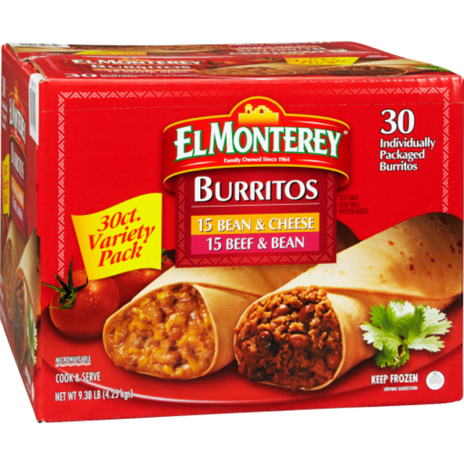 El Monterey Burritos Bean & Cheese and Beef & Bean Variety, 30 ct