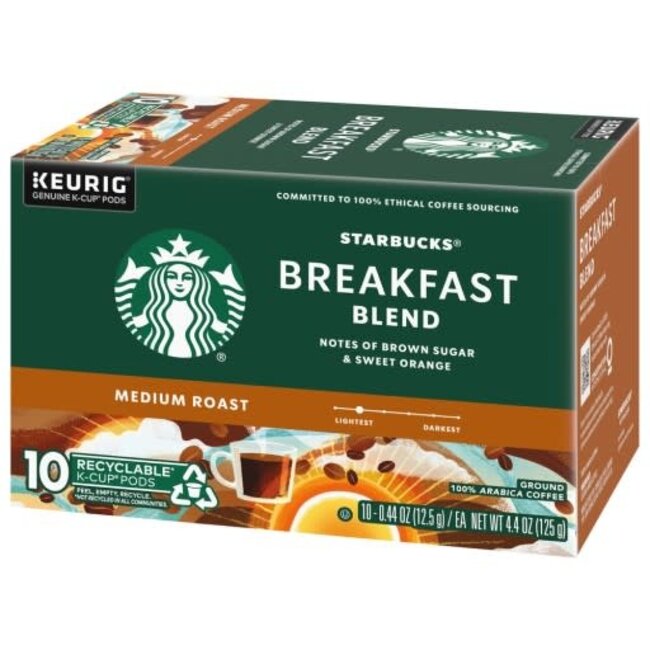 Starbucks K Cup Pods Medium Roast Ground Breakfast Blend Coffee, 10 ct, (Pack of 6)