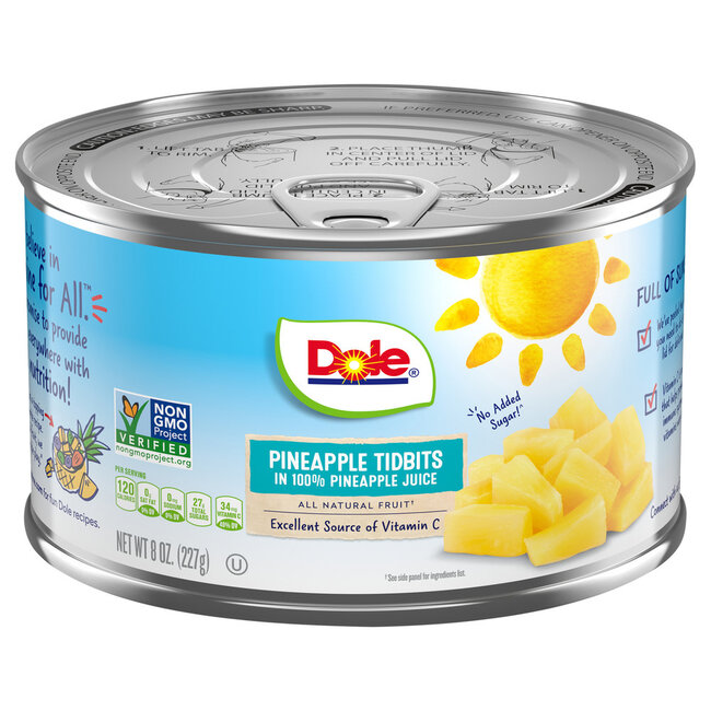 Dole Pineapple Tidbits In 100% Pineapple Juice Can, 8 oz, 12 ct