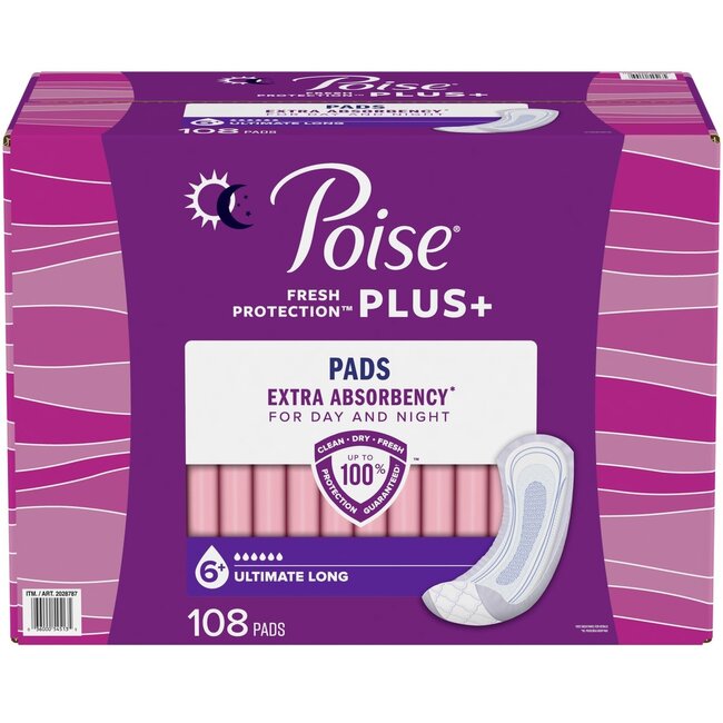 Poise Plus Fresh Protection Long Pads Extra Absorbency, 108 ct