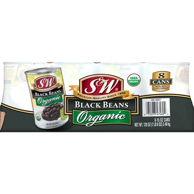 S&W Organic Black Beans, 15 oz, 8 ct