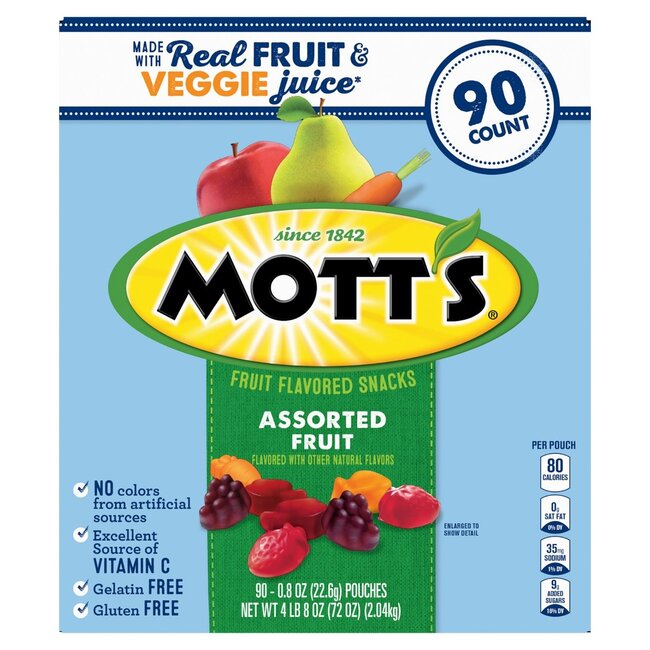 Mott's Fruit Flavored Snacks Assorted Fruit, 0.8 oz, 90 ct