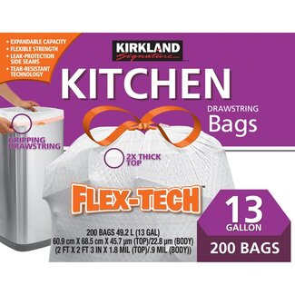 Kirkland Signature Kirkland Signature Kitchen Drawstring Trash Bags Flex-Tech White 13 Gallon, 200 ct