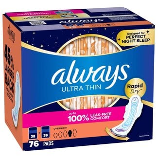 Always Always Ultra Thin Overnight Pads Size 4 with Flexi-Wings Unscented, 76 ct