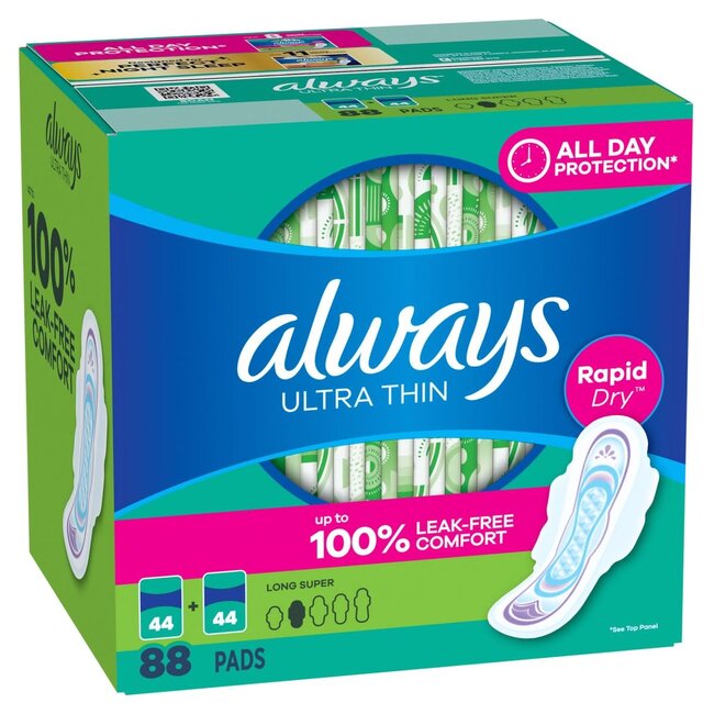 Always Ultra Thin Long Super Pads Size 2 with Flexi-Wings Unscented, 88 ct