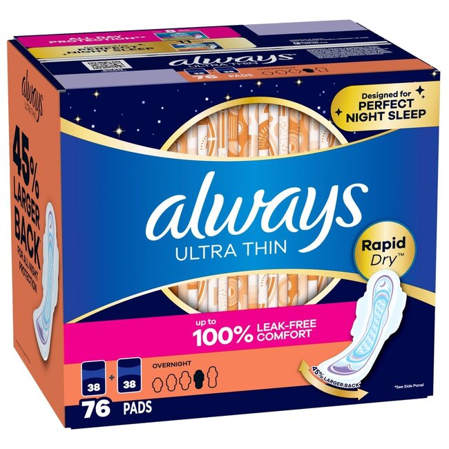 Always Ultra Thin Overnight Pads Size 4 with Flexi-Wings Unscented, 76 ct