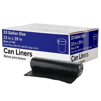Trash Can Liners 33 Gallon 0.7 mil Black, 250 ct