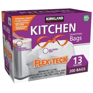 Kirkland Signature Kirkland Signature Kitchen Drawstring Trash Bags Flex-Tech 10% PCR White 13 Gallon, 200 ct