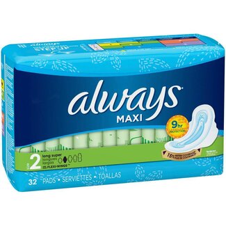 Always Always Maxi Long Super W/Wings, 32 ct (Pack of 6)