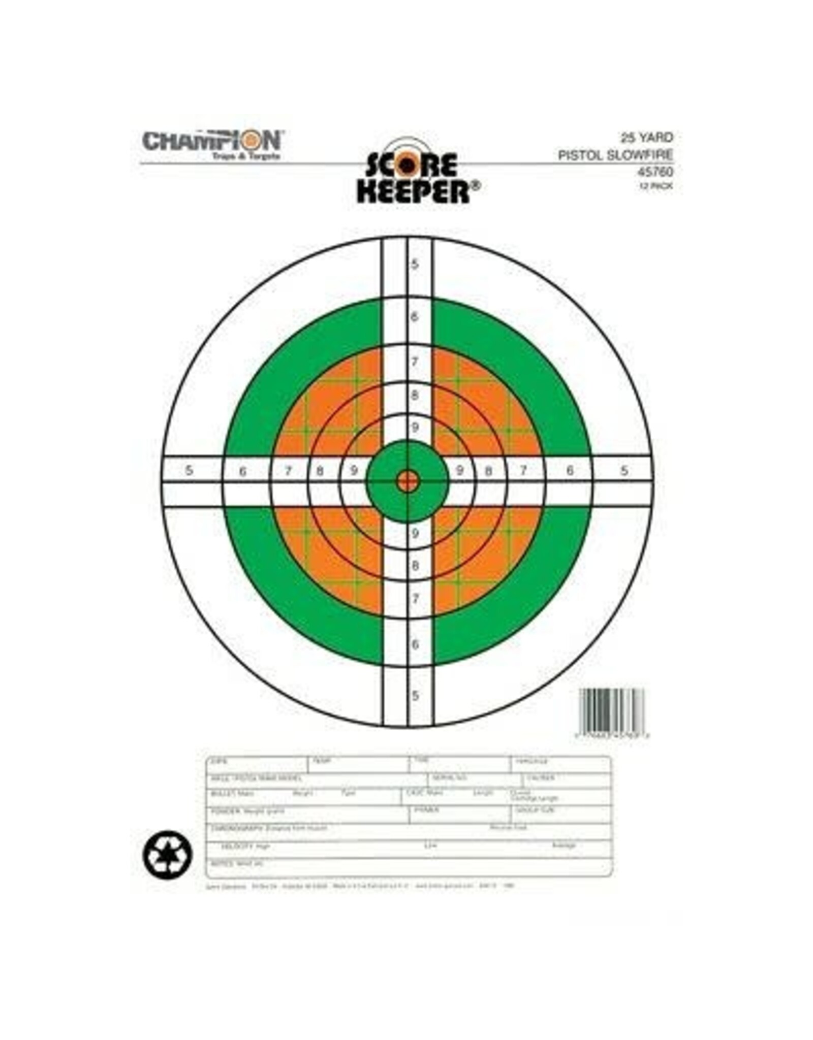 CHAMPION Champion Scorekeeper 25 Yard Pistol - 11" x 16" Fluorescent Orange & Green