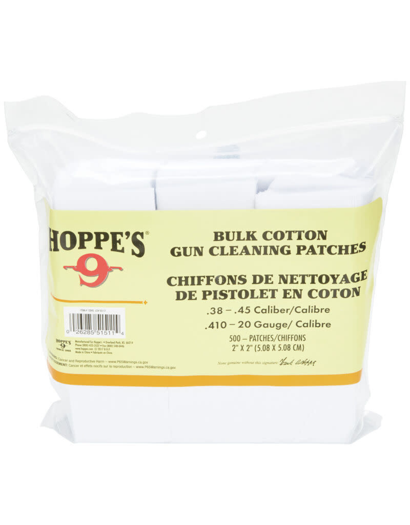 Hoppe's Gun Cleaning Patches - .38-.45 Cal - 2" Cotton - 500 Count