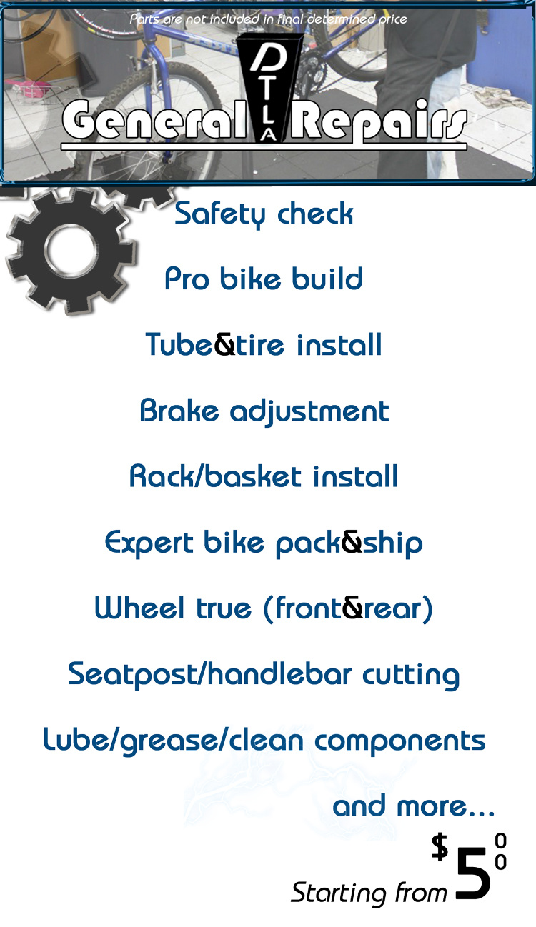 General day-to-day same day repairs. For more info 213-533-8000... if you're in doubt, bring the bike in.