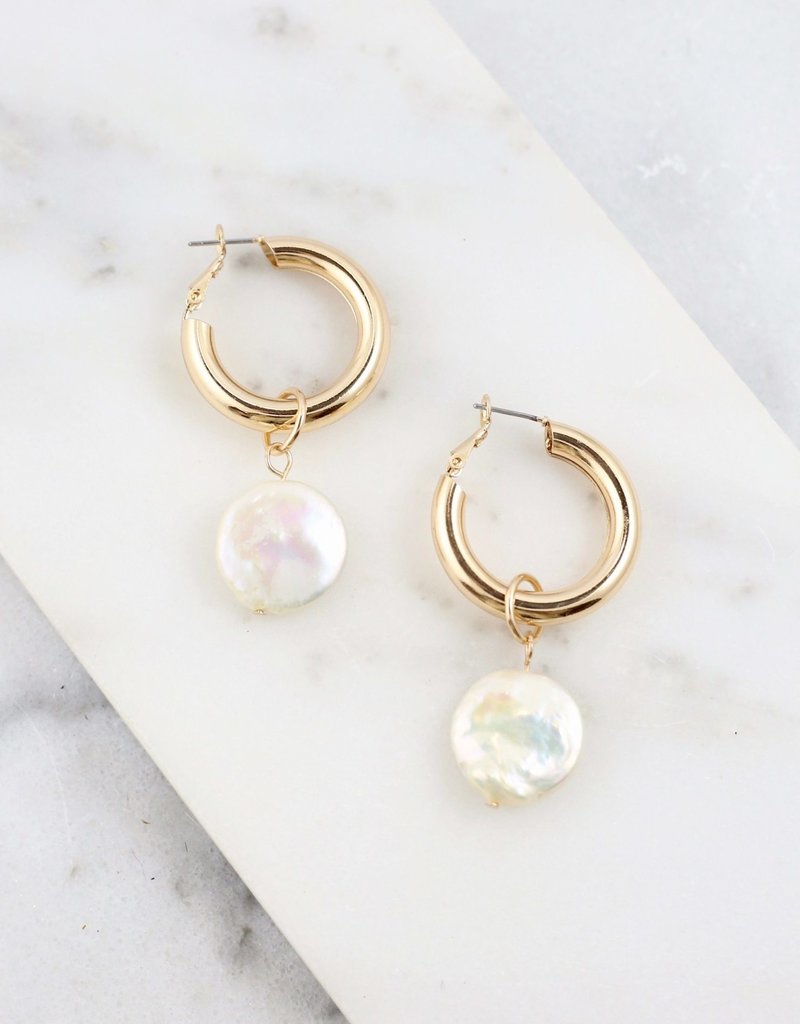 Tilly Shiny Hoop Latchback Earring With Pearl Drop Gold