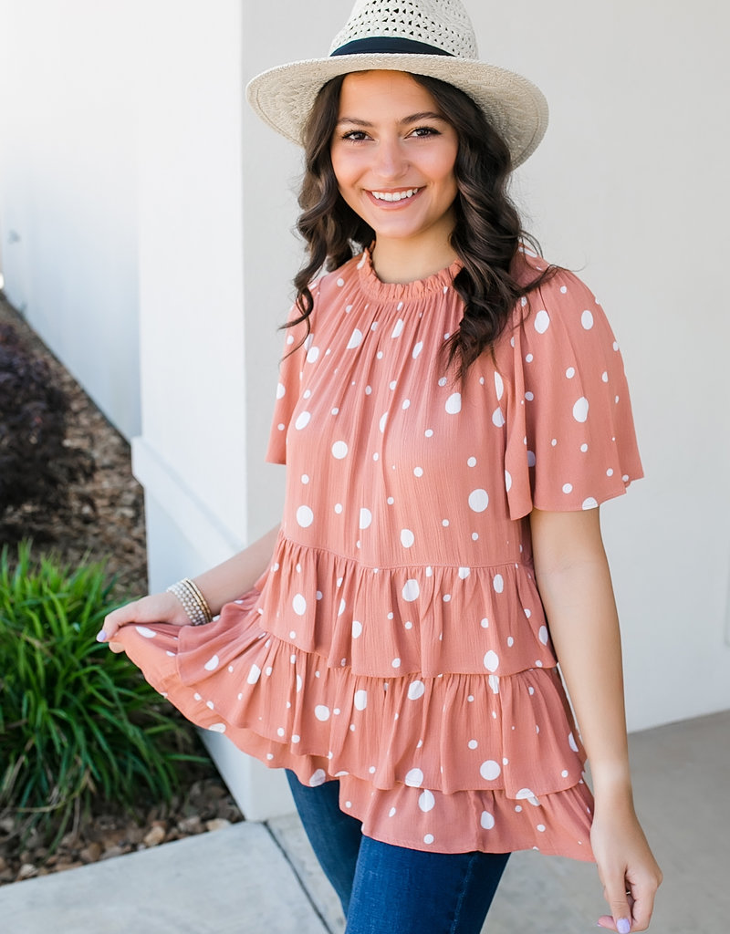 Ces Femme Coral Three Tier Ruffle Blouse With Polka Dots