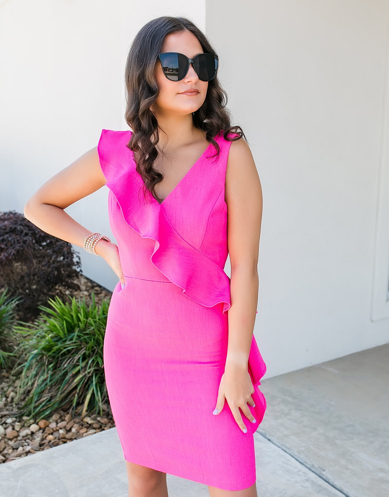 1 funky Hot Pink Ruffle Detail Linen Dress