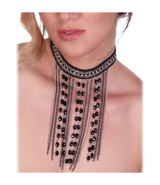 WF Choker With Hanging Chains and Beads Black & Silver