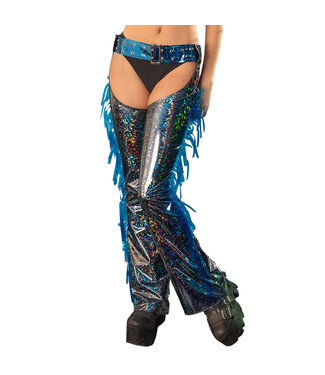 jv Iridescent Crackle Glass PVC Fringed Chaps With Contrast Belt